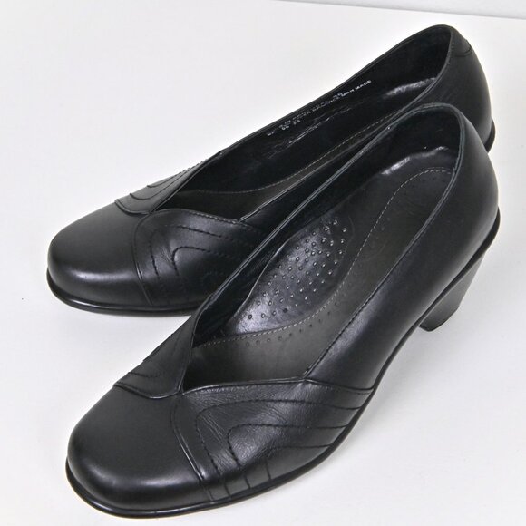 Dansko Stitched Leather Preppy Black Block Heel Pumps US8 EU38 Handmade Portugal - Picture 1 of 16